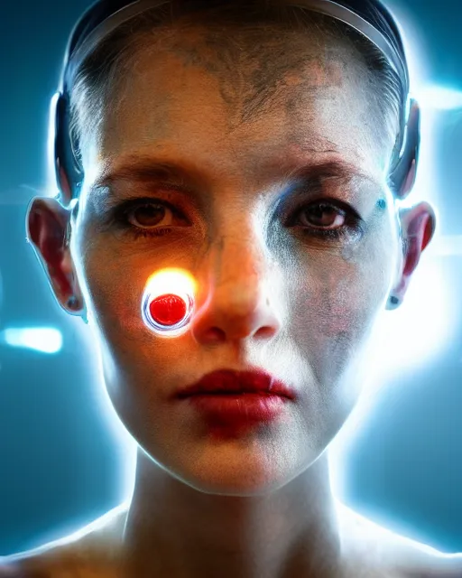 Prompt: portrait photo of soulful female as a solarpunk cyborg with fluorescent lamps over face and neck, robotic implants with real human face with skin, ultra - realistic and detailed, long exposure, soft focus hdr 8 k