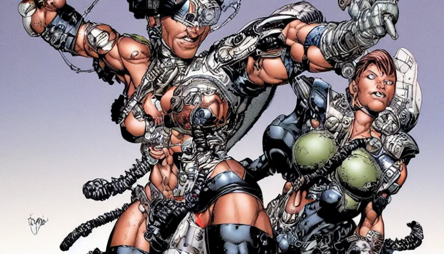 Image similar to a dream portrait of cyborg Valkyrie flying up art by Paul Dini, Travis Charest, Simon Bisley