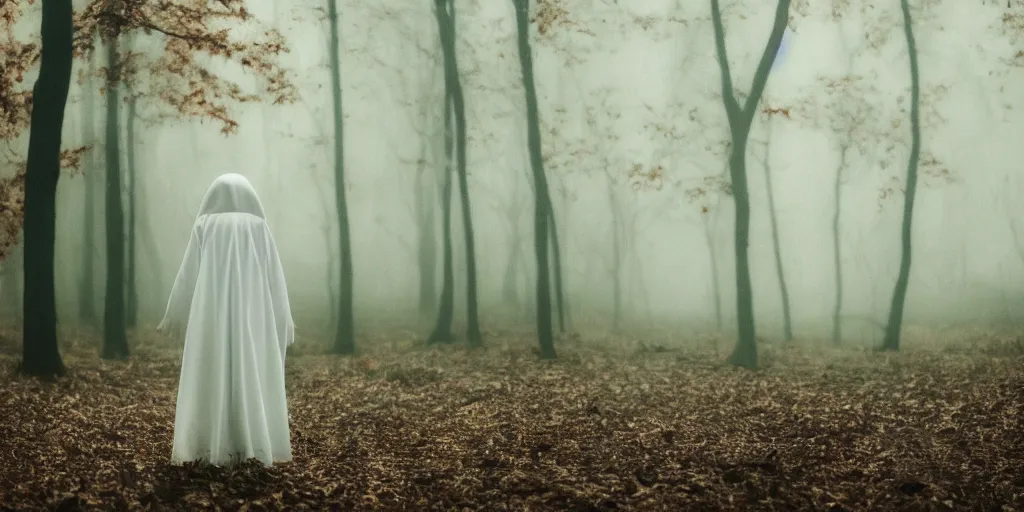 Image similar to a white female ghost in a dark forest, autumn, 35mm, cinematic, mist, photorealistic, depth of field, gloomy