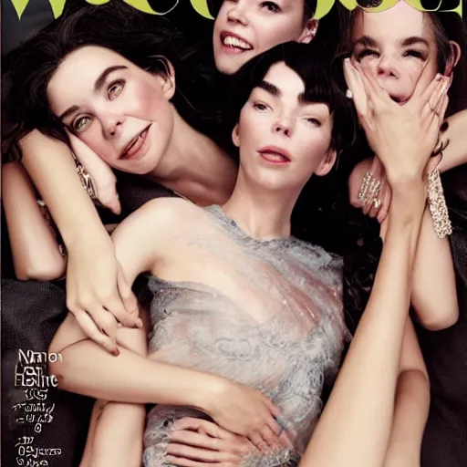 Image similar to stunning vogue magazine photo of dark - haired goddesses vanessa kirby, hailee steinfeld, and bjork smiling, legs intertwined, laying back on the bed, with wet faces!!, wet lips, perfect eyes, insanely detailed, elegant, by wlop, rutkowski, livia prima, mucha, wlop,