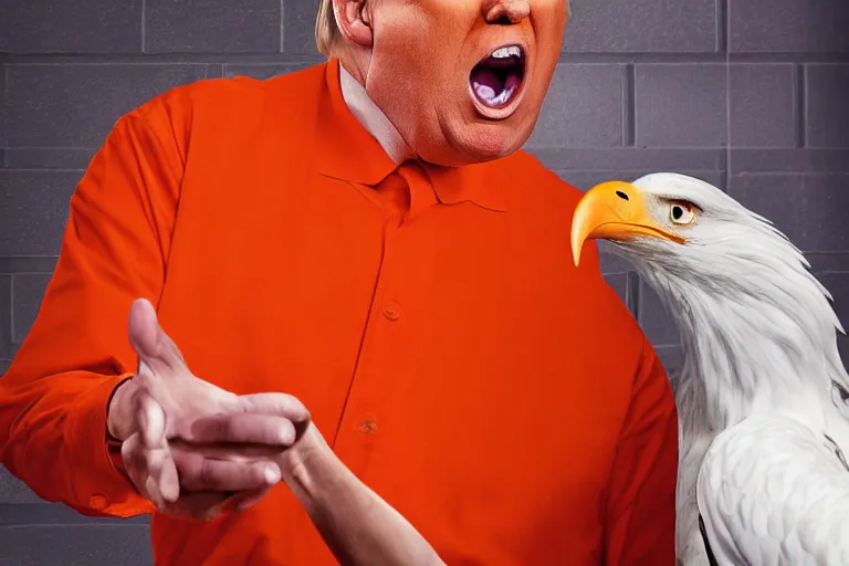 Image similar to Close-up portrait of Donald Trump in jail wearing orange clothes with an American bald eagle attacking him, octane, dramatic lighting, editorial photo, 35mm, very detailed