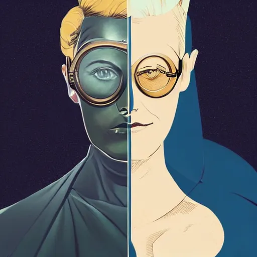 Image similar to tattooed stoic heroic emotionless dirty butch blonde woman space hero with very short slicked - back hair, wearing dark - lensed victorian goggles, wearing white and gold satin uniform and cape, moebius, rough paper, smooth median photoshop filter cutout vector, behance hd by jesper ejsing, by rhads, makoto shinkai and ron cobb.