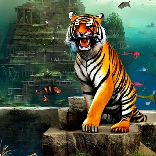 Image similar to a tiger discovering the lost city of atlantis