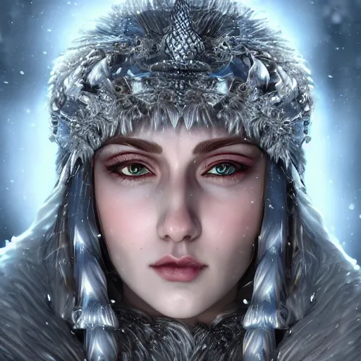 Prompt: highly detailed close up portrait of Skadi, god of winter, digital art, concept art, character art, studio lightning, bright colors, intricate, masterpiece, photorealistic, hiperrealistic, sharp focus, high contrast, Artstation HQ, DeviantArt trending, 4k UHD, Unreal Engine 5