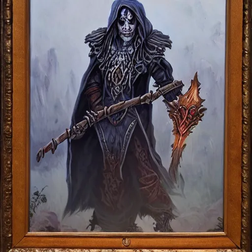 Prompt: a finely detailed oil painting of an undead fantasy art lich sorcerer,