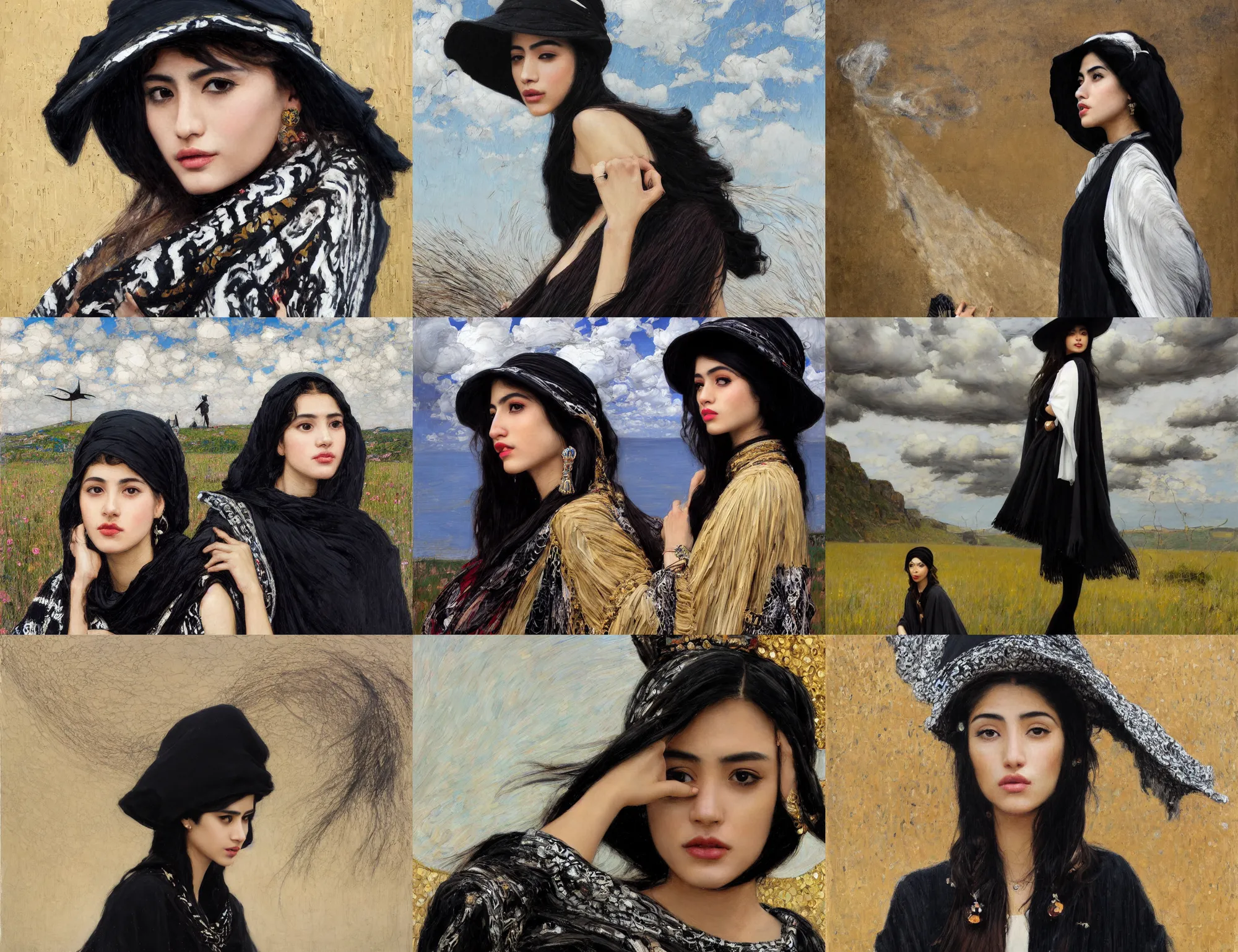 Prompt: profile portrait of single fashionable young iranian asian girl wearing rich jewerly hat and black and white boho poncho standing on extremely strong wind in elegant decollete, dark make up, sitting dynamic pose, Low poly, thunder clouds in the sky, nature, artwork by john william waterhouse and Denis Sarazhin and klimt and rhads and Dean Ellis and Detmold Charles Maurice