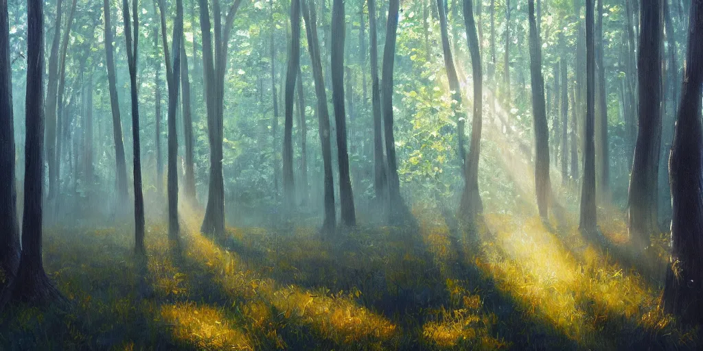 Prompt: An oil painting of an intensely beautiful forest in the morning; rays of light coming through the canopy; trending on artstation