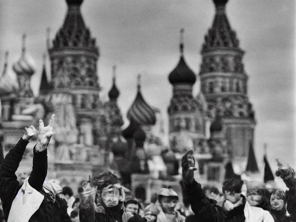 Prompt: a black and white photograph a large hand with middle finger raised in front of the kremlin