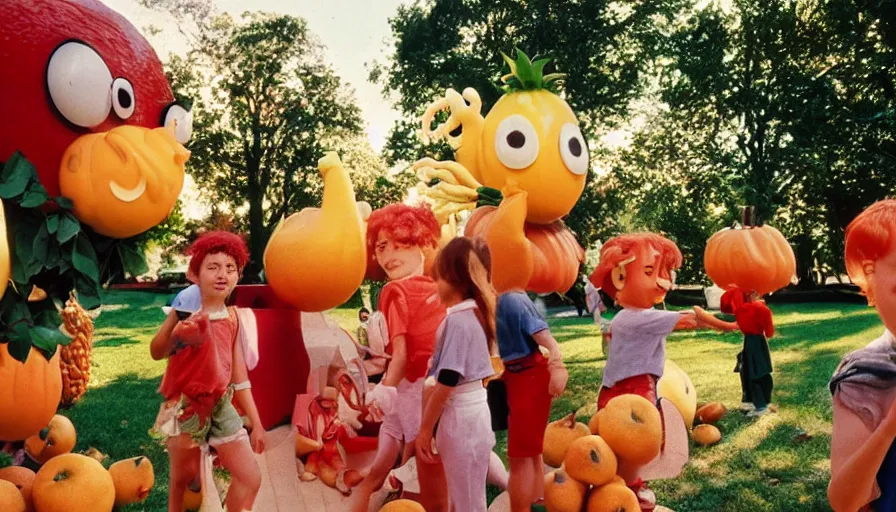 Image similar to 1990s candid photo of a beautiful day at the park, cinematic lighting, cinematic look, golden hour, large personified costumed fruit people in the background, Enormous fruit people mascots with friendly faces, kids talking to fruit people, UHD