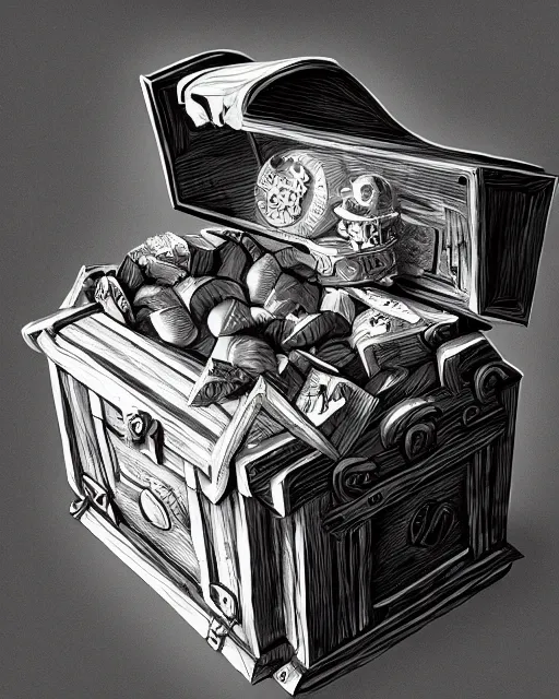 Image similar to a treasure chest opening, black and white, fantasy art, object art, illustration, fantasy, intricate, hyper detailed, artstation, concept art, smooth, sharp focus, ray tracing