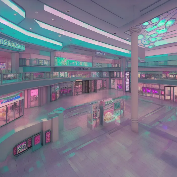 Image similar to vaporwave 9 0 s dreamy empty shopping mall, highly detailed, 3 d render, vray, octane, realistic lighting, photorealistic