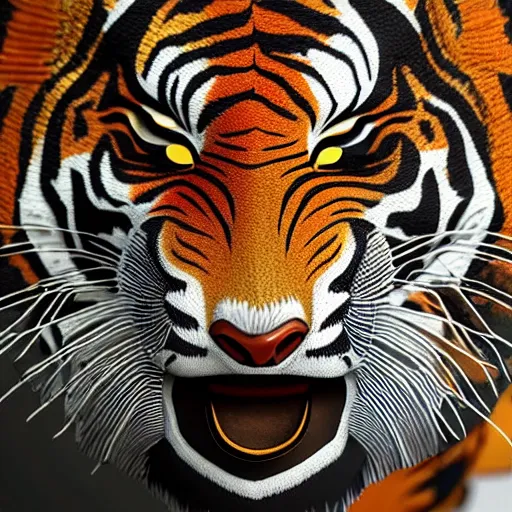 Image similar to coloured balinese sculpture breathtakingly cool beautiful stylised ornate tiger, extreme closeup, isometric perspective, 8 k artstation