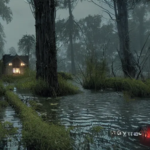 Image similar to a creepy scene of a swampy area with a house in the background, a screenshot by senior environment artist, polycount, gothic art, cryengine, playstation 5 screenshot, unreal engine 5