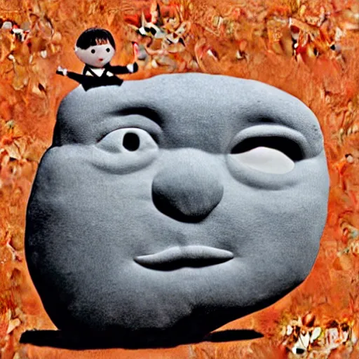 Image similar to casual, precise by grandma moses, by cory loftis. a mixed mediart of a large granite boulder carved to resemble a human face. the nose is slightly upturned, & the eyes & mouth are closed.