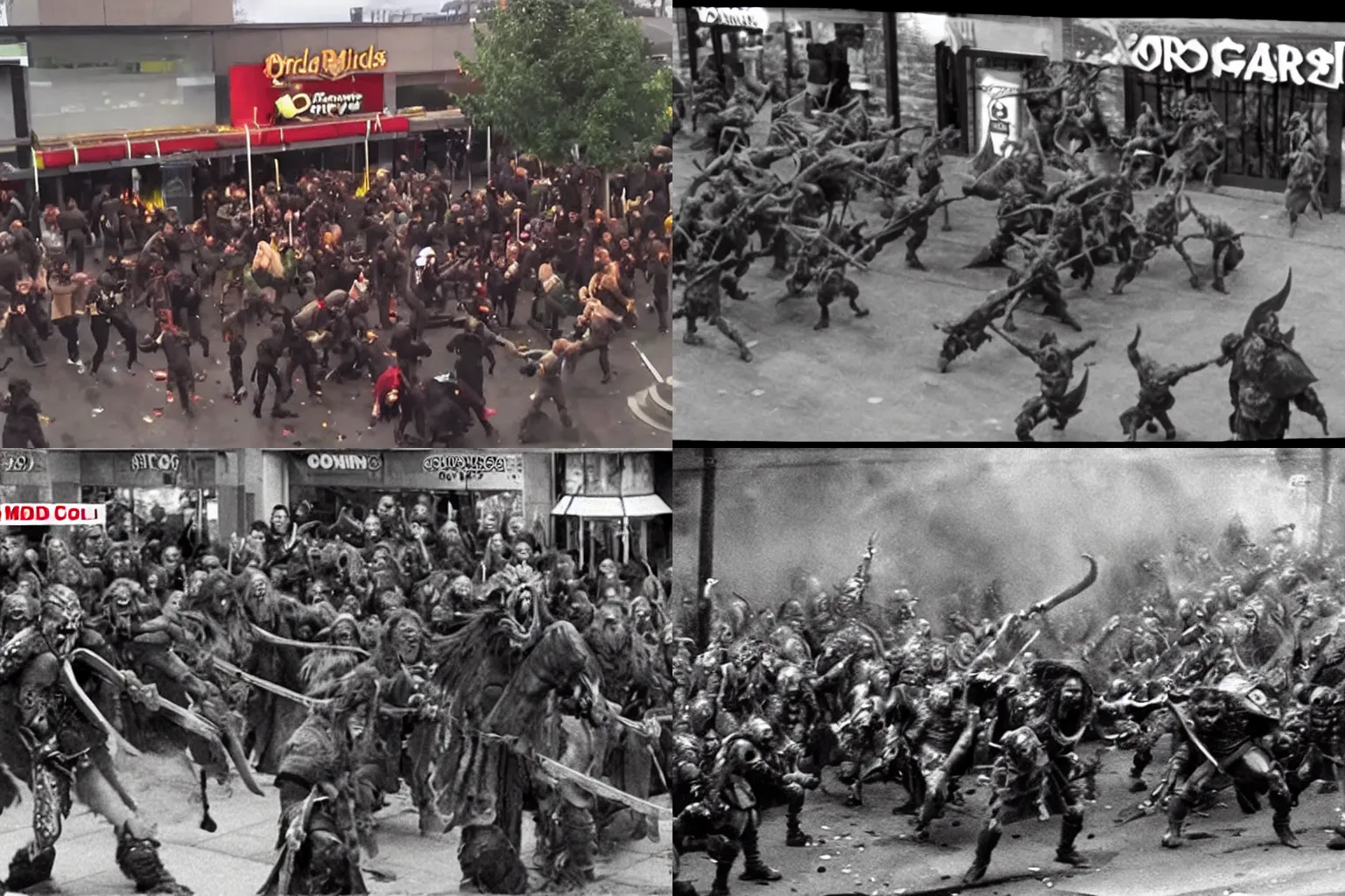 Prompt: CCTV Footage of Lord of the Rings Orc riot outside mcdonalds