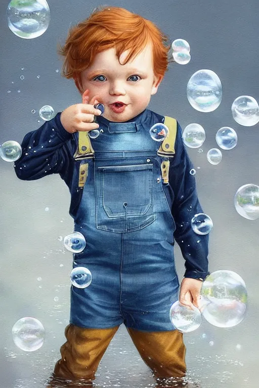 Image similar to a little boy with ginger hair wearing denim overalls chasing bubbles. clean elegant painting, beautiful detailed face, lots of bubbles. by artgerm and greg rutkowski