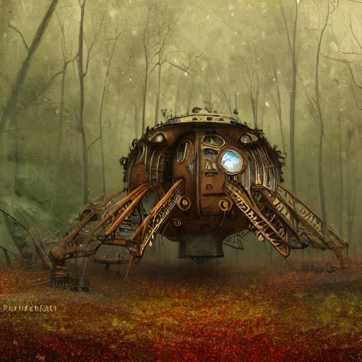 Image similar to steam punk spaceship in an autumn forest, snowing, green and brown tones, by Aron Wiesenfeld and beksincki, in the style Bev dolittle, cinematic, detailed illustration, nature, fog, dark colors, suspense, intricate, 8k in the style