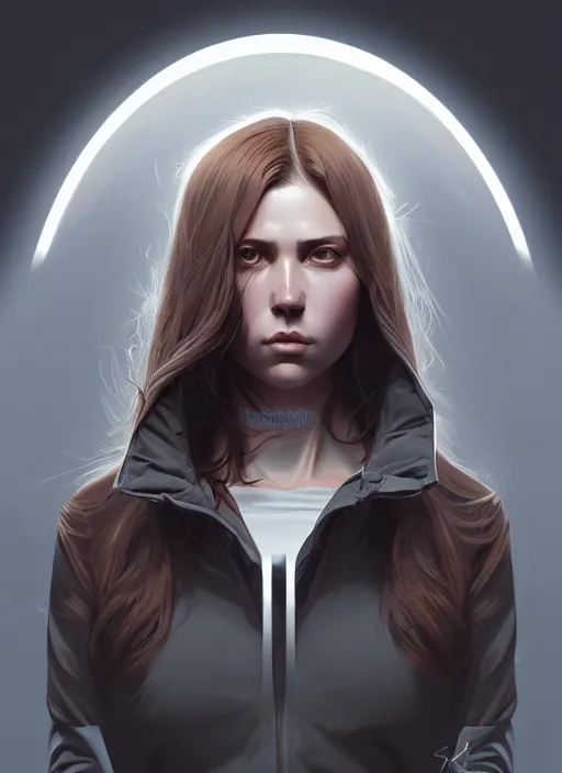 Image similar to hyper - realistic portrait of a female hunter, symmetrical face and body, symmetrical composition, dynamic wavy hair, detailed designs, digital painting, 4 k, by ilya kuvshinov, by greg rutkowski, atmospheric lighting