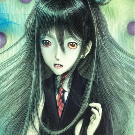 Image similar to yoshitaka amano realistic illustration of a sinister anime girl with big eyes and long wavy blue hair wearing dress suit with tie and surrounded by abstract junji ito style patterns in the background, blurred and dreamy illustration, noisy film grain effect, highly detailed, oil painting with expressive brush strokes, weird portrait angle