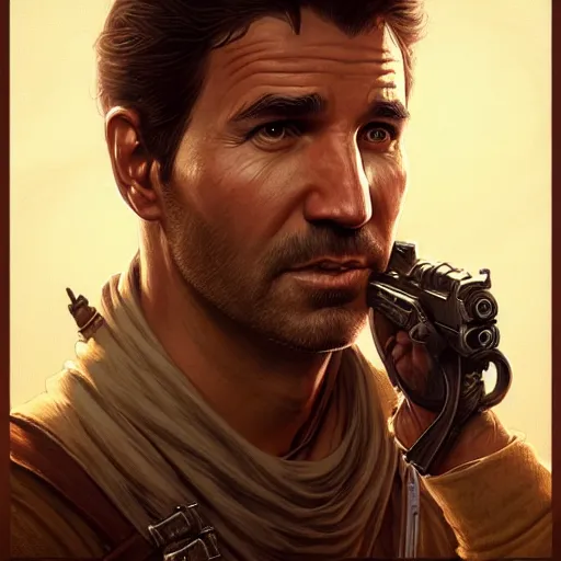 Image similar to Joe Biden face as Nathan Drake, western, D&D, fantasy, intricate, elegant, highly detailed, digital painting, artstation, concept art, matte, sharp focus, illustration, art by Artgerm and Greg Rutkowski and Alphonse Mucha