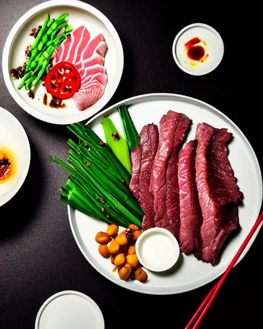 Image similar to realistic photo of delicious yakiniku, bowl, white kitchen table, cloth, marble, highly detailed, by louise lister, sara ali, mary devinat, kailee mandel, masterpiece, award winning, food photography