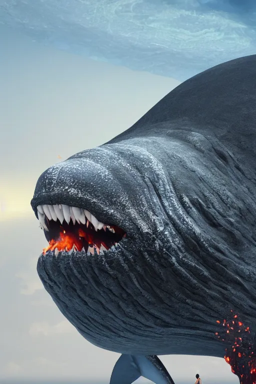 Prompt: a octane render of volcano and a tiny whale inside a boel, close - up studio photo, lighting path traced, highly detailed, high quality, hyper - realistic, max accurate,