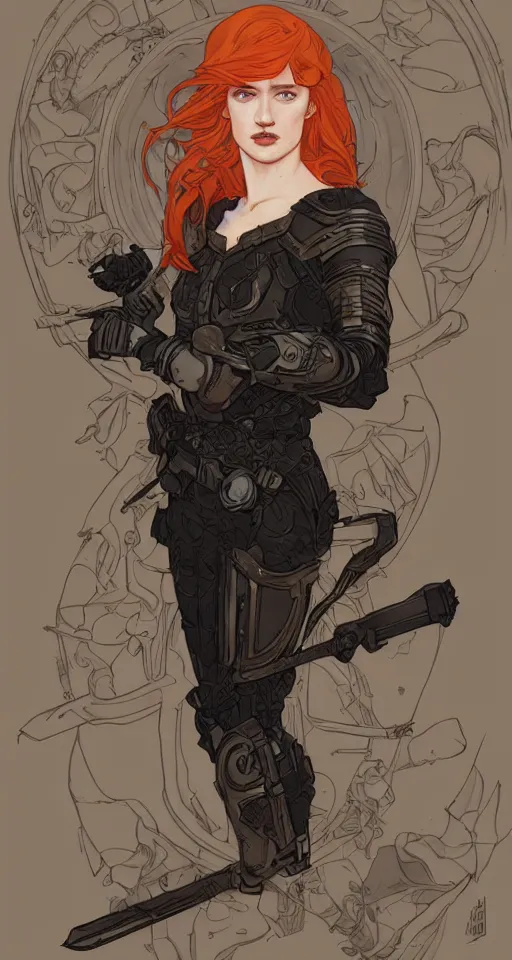 Image similar to redhead mackenzie davis actress wearing black armour with bare legs, mucha, hard shadows and strong rim light, art by jc leyendecker and atey ghailan and sachin teng