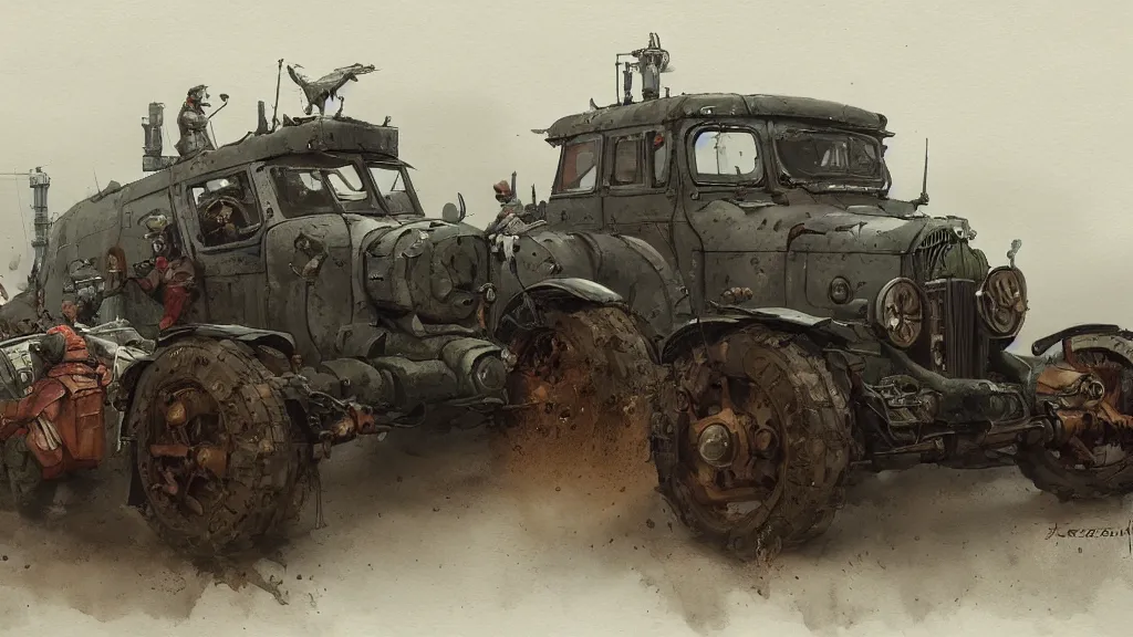 Prompt: overview of dieselpunk vehicles, watercolored, jakub rozalski, dark colours, dieselpunk, artstation