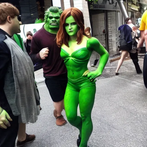 Prompt: emma watson cosplaying as the hulk, emma watson wearing a hulk costume, cosplay award winner