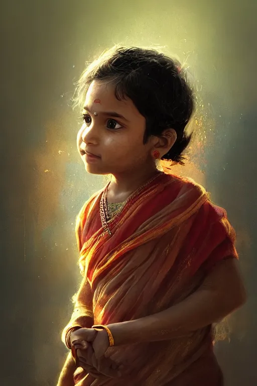 Prompt: hindu little girl, joyful, close - up portrait, intricate, elegant, volumetric lighting, scenery, digital painting, highly detailed, artstation, sharp focus, illustration, concept art, ruan jia, steve mccurry