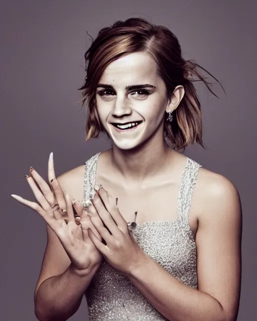 Image similar to A photo of laugh emma watson. she has wedding ring on his fingers. 50 mm. perfect ring. award winning photography