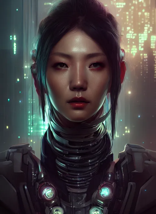 Image similar to a hyper detailed octane render concept art by xision wu, kerem beyit, sandara tang portrait of cyberpunk cyborg, dim lighting, detailed portraits, unreal engine 5, highly rendered,, digital painting, artstation, concept art, smooth, sharp focus perfect horizontal ， symmetry illustration, detailed and intricate environment artstation hq