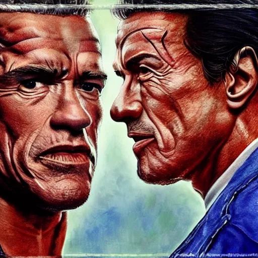 Image similar to Arnold Schwarzenegger and Sylvester Stallone in an UFC fight in octagon, artstation hall of fame gallery, editors choice, #1 digital painting of all time, most beautiful image ever created, emotionally evocative, greatest art ever made, lifetime achievement magnum opus masterpiece, the most amazing breathtaking image with the deepest message ever painted, a thing of beauty beyond imagination or words, 4k, highly detailed, cinematic lighting