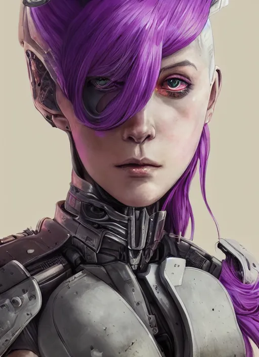 Image similar to close up portrait of a pale woman in sci - fi power armor with purple hair, powerful, domineering, stoic, masterful, eyepatch, intense, ultrafine hyperdetailed illustration by kim jung gi, irakli nadar, intricate linework, sharp focus, octopath traveler, yoji shinkawa, highly rendered, detailed, concept art