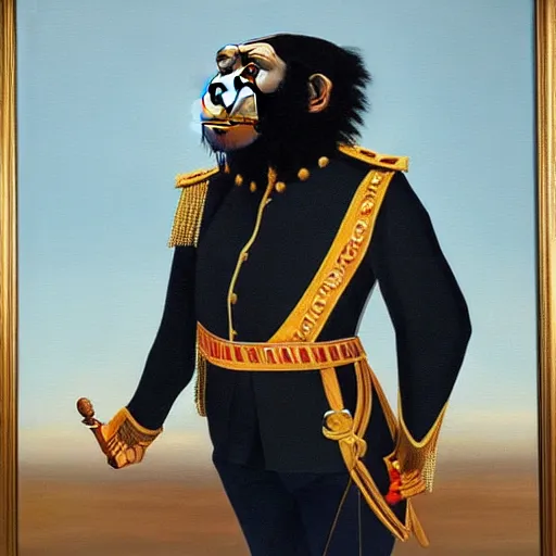 Image similar to An exquisite modern painting of a chimpanzee dressed like a bearded Napoleon with correct military uniform, no frames