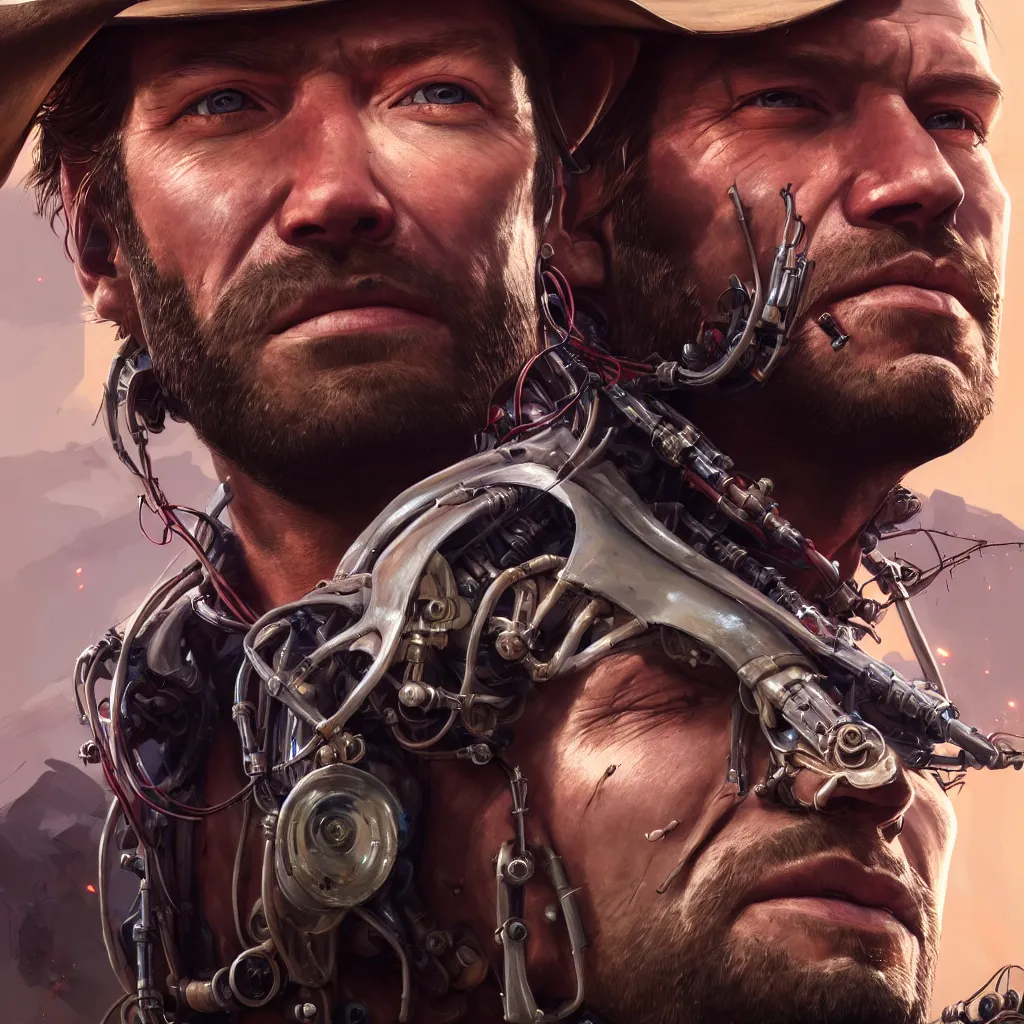 Image similar to a single close-up portrait of Arthur Morgan from Red Dead Redemption as a cyborg, barely human and largely biomechanical machine, hyper-realistic cyberpunk style, Peter Mohrbacher Takayuki Takeya moody, face by Yanjun Cheng, Irakli Nadar, dramatic cinematic lighting rendered by octane, 8k, detailed, intricate, clean and textures, trending on artstation, deviantart google images, pinterest