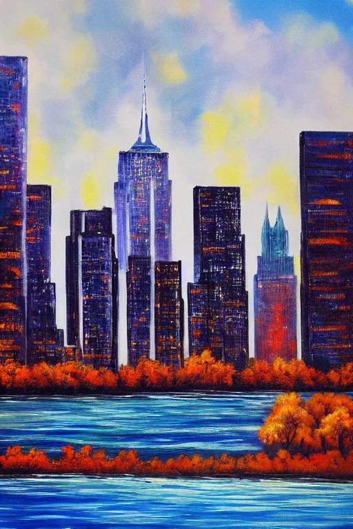 Image similar to bob ross painting of new york cityscape