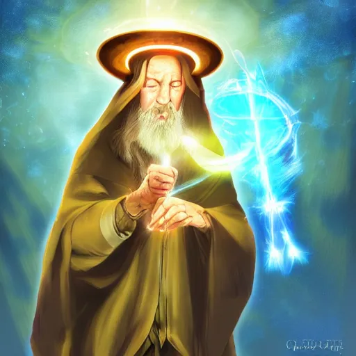 Image similar to A wizard holding a wand casting a spell of light, digital art