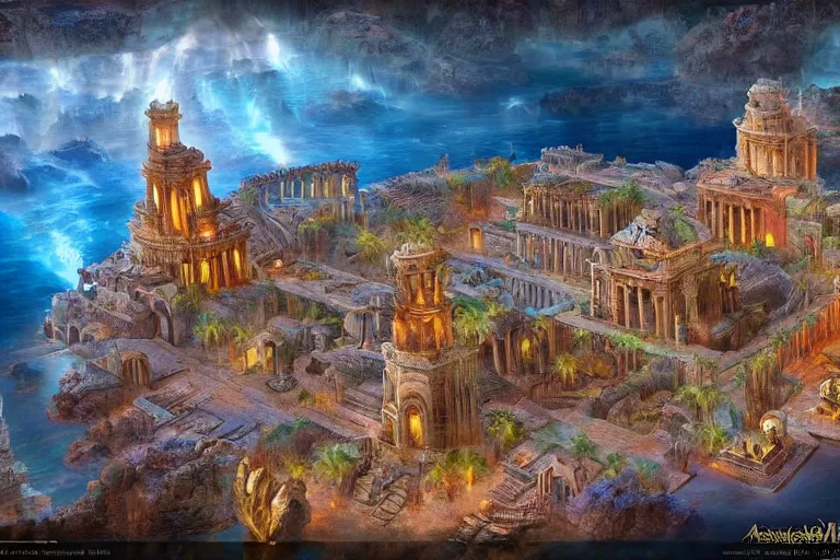 Prompt: the ancient lost city of atlantis and its inhabitants, in the style of andrea pozzo, ultra realistic, atmosphere glow, detailed intricate, colorful, cinematic lighting, unreal engine, god lighting