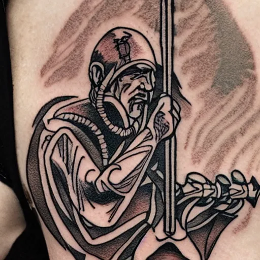 Image similar to tattoo design, stencil, a tarot card, an old man resting on a sword, tarot
