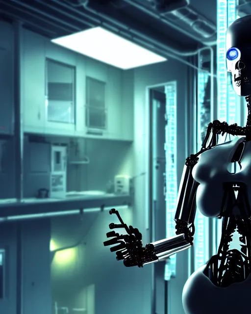 Prompt: a terminator cyborg lady with borg implants, and is hanging from cables and wires off the ceiling of a lab. her bottom half is missing with cables hanging out. she is taking a sip from a cup of coffee. tiny green led lights in her cybernetics. sophisticated lab in the background, with dystopian city visible through the window. very detailed 8 k. horror cyberpunk style.