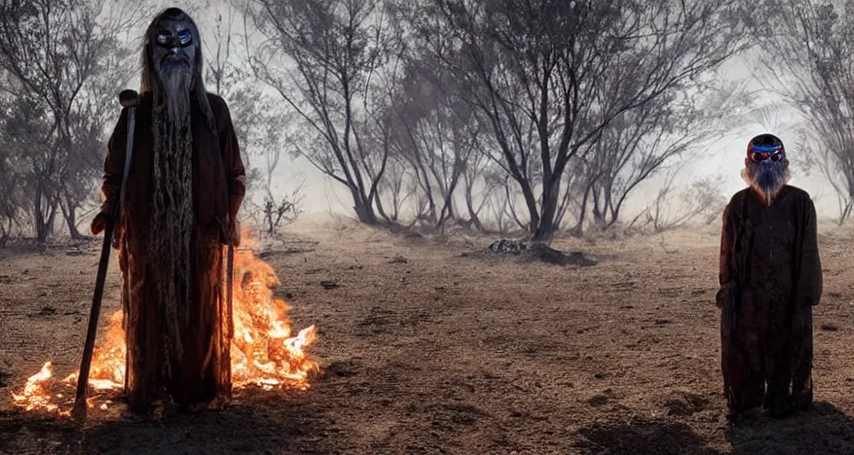 Image similar to full body shot of old asian man with long beard, his head covered in roots, full face occult silver mask, bright multiple glowing eyes, holding a large carved wooden dark fractal stick, thick smoke around him, in the burning soil desert, cinematic shot, wide angle, dark desert background, volumetric lighting by Denis Villeneuve, Lubezki, Gaspar Noe, Christopher Doyle and Alejandro Jodorowsky, anamorphic lens, anamorphic lens flares, kodakchrome, cinematic composition, practical effects, award winning photo, 8k