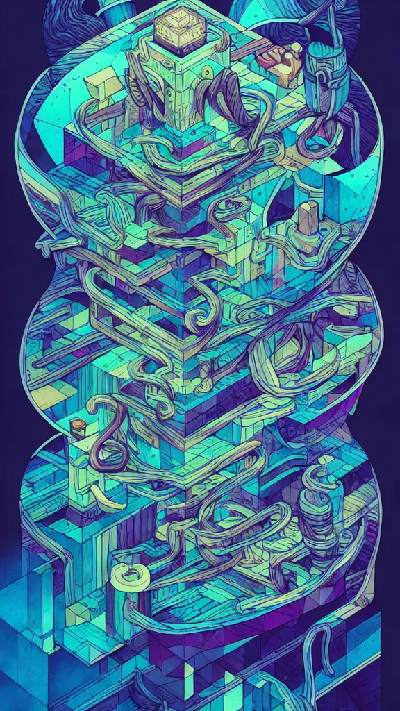 Image similar to arcane twisted turn of fate abstraction, centered award winning ink pen illustration, isometric abstract illustration by dan mumford, edited by craola, technical drawing by beeple and tooth wu, tiny details by artgerm and watercolor girl, symmetrically isometrically centered