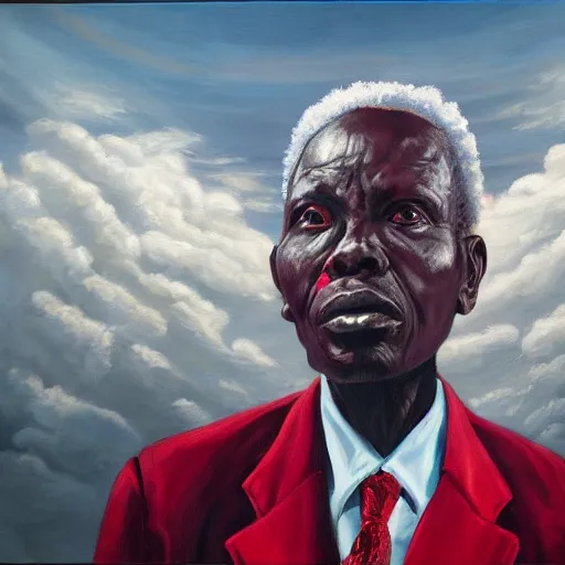 Image similar to a painting of a XXL wise elder from Kenya in a suit by Kehinde Wiley . dramatic angle, ethereal lights, details, smooth, sharp focus, illustration, realistic, cinematic, artstation, award winning, rgb , unreal engine, octane render, cinematic light, macro, depth of field, blur, red light and clouds from the back, highly detailed epic cinematic concept art CG render made in Maya, Blender and Photoshop, octane render, excellent composition, dynamic dramatic cinematic lighting, aesthetic, very inspirational, arthouse.