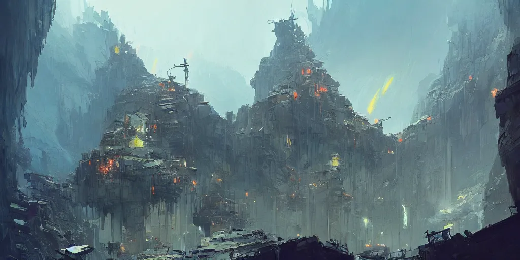 Image similar to concept art of a post apocalyptic monastery laboratory at the top of a jagged mountain, grimy, gritty, blade runner 2 0 4 9, trending on artstation, award winning painting, cgi, art by john berkey and anton fadeev and john howe and simon stalenhag