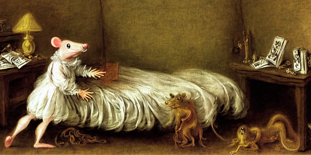 Prompt: anthropomorphic bipedal rat dressed in pajamas, and laying on a bed, classic oil painting, in the style of d & d and mtg, by jean - antoine watteau, dusty, extreme clutter, messy room, knickknacks, books, scrolls, comfy, sleepy, cool tones, fog, mystic, dim, extremely detailed, sharp focus, 4 k