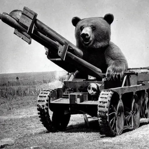 Image similar to a picture of a giant bear pulling a towed canon on wheel, eastern front, ww 2, historical picture