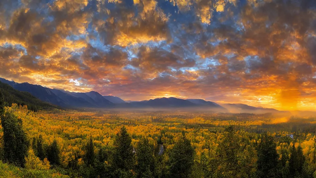 Prompt: The most beautiful panoramic landscape, oil painting, where the mountains are towering over the valley below their peaks shrouded in mist. The sun is just peeking over the horizon producing an awesome flare and the sky is ablaze with warm colors and cirrus clouds. The river is winding its way through the valley and the trees are starting to turn yellow and red, by Greg Rutkowski, aerial view