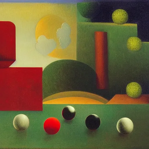 Prompt: chrome spheres on a red cube by henri rousseau