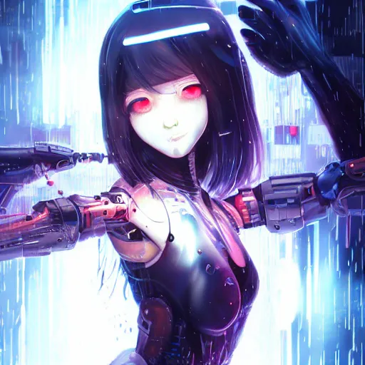 Image similar to beautiful cyborg girl!!!, rainfall!!, water refractions!!, black long hair!, colorful reflective eyes, full round face!, biomechanical details, digital cyberpunk anime!! art, full body!!!, mid - shot, reflections, wlop, ilya kuvshinov, artgerm